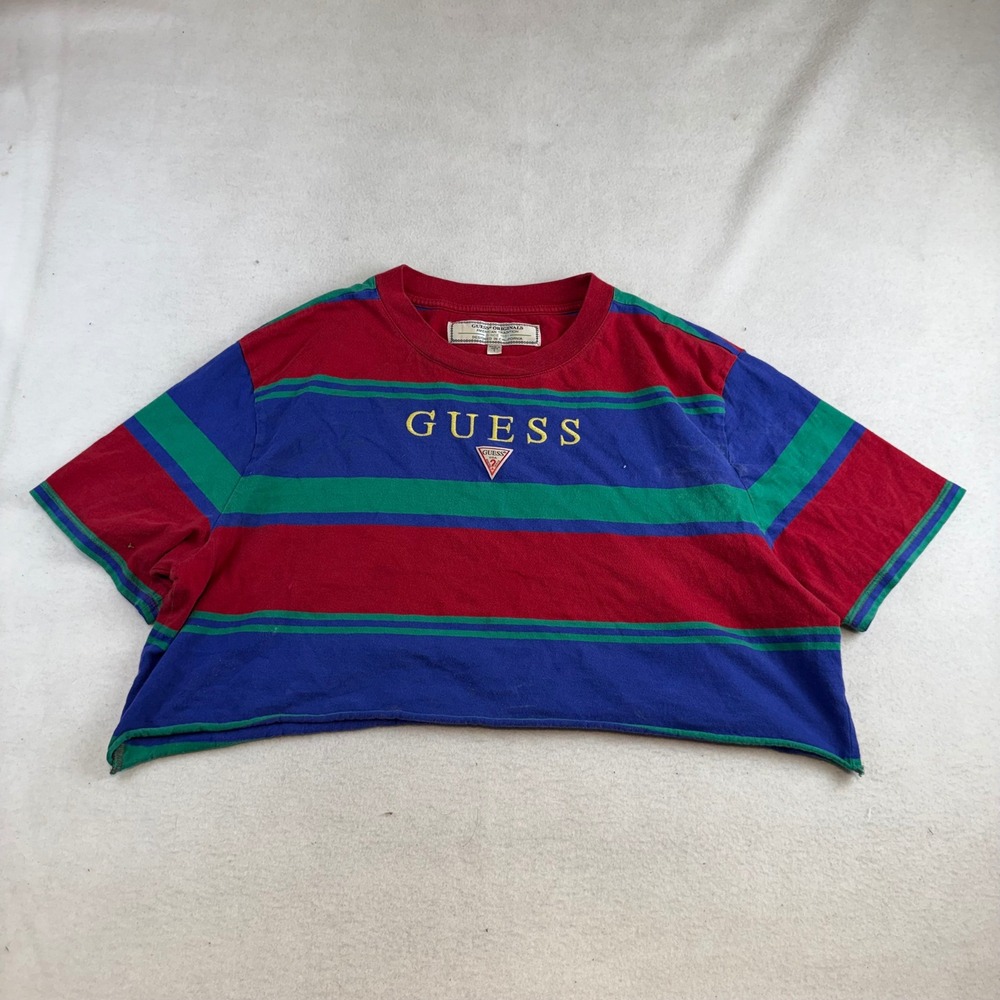Guess Originals Striped Crop Top Red Blue Green Embroidered Logo Size L
